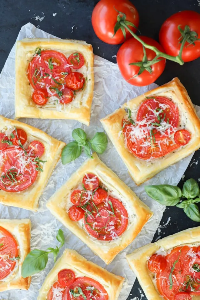 Tomato Tart for appetizer image with basil and fresh tomatoes