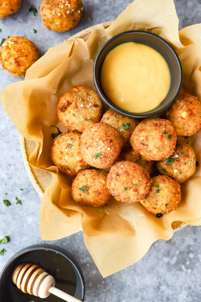 Overhead image of snacks in a bowl