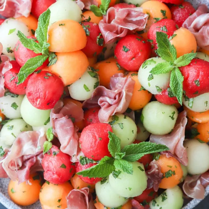 Melon prosciutto salad on platter image