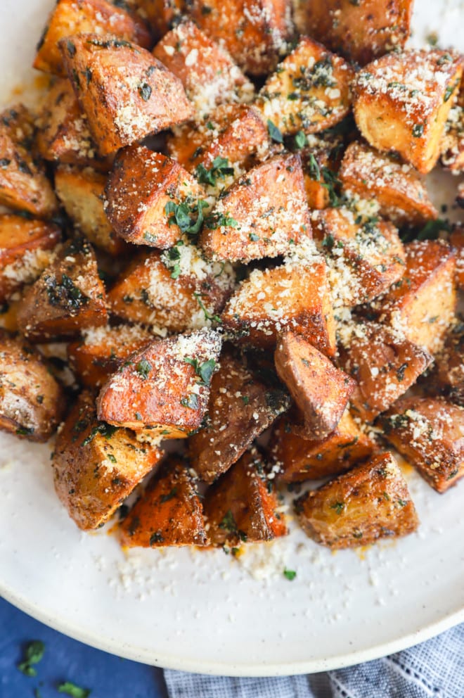 Overhead image of golden brown side dish