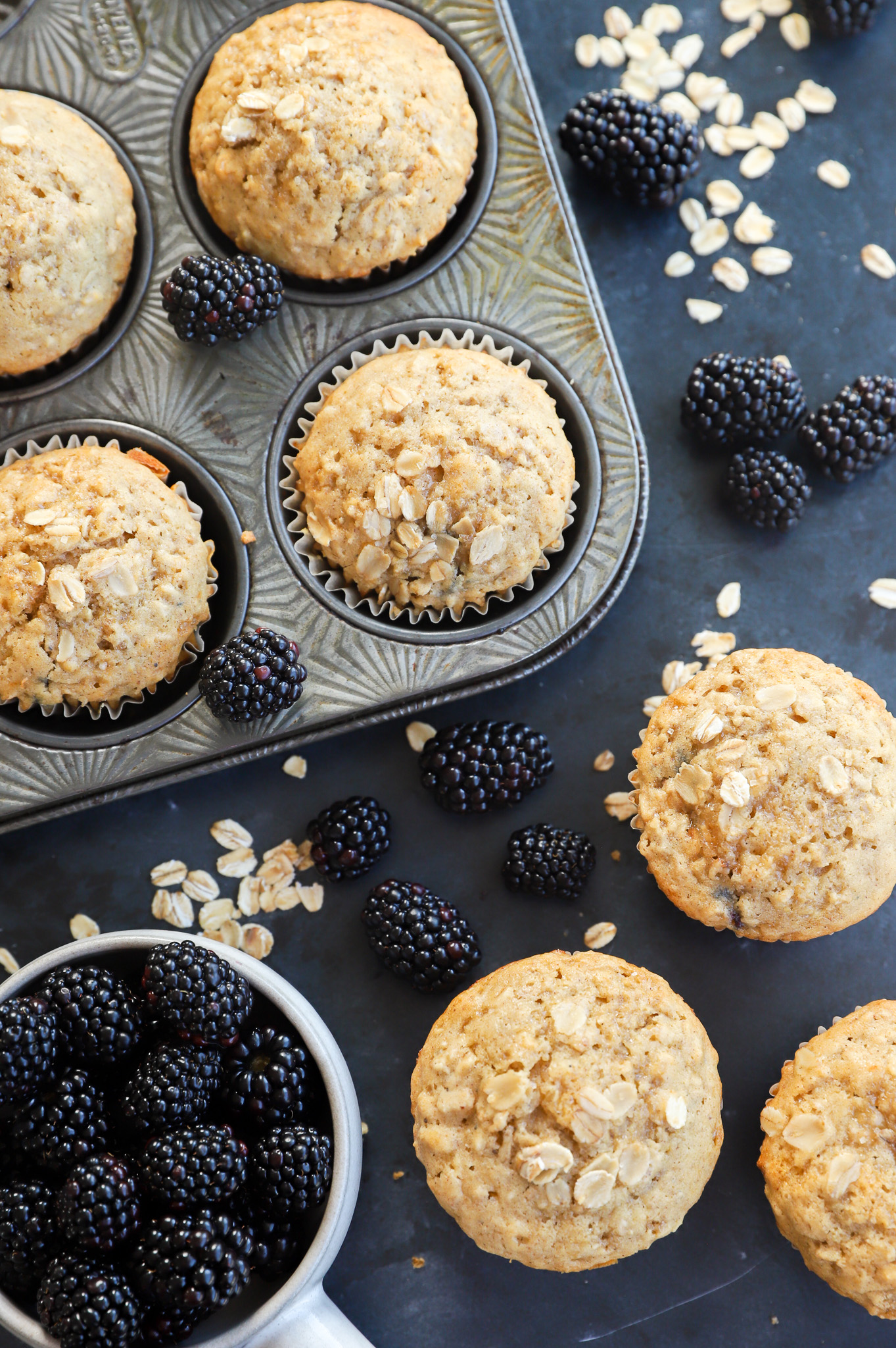 Overhead image of baked goods for breakfast in cupcake tin