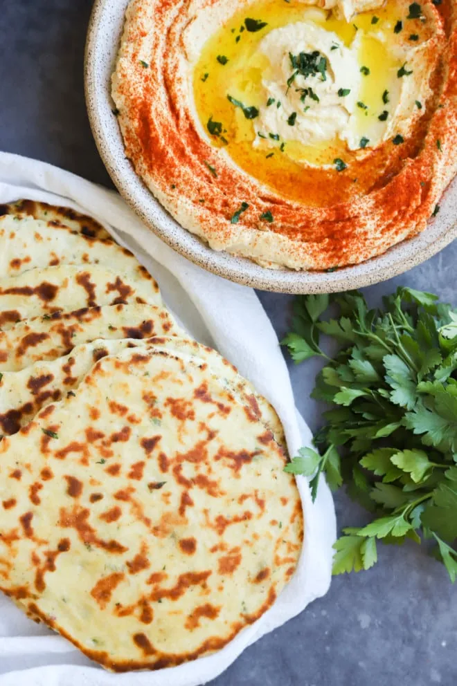 Easy flatbread and greek hummus and fresh parsley