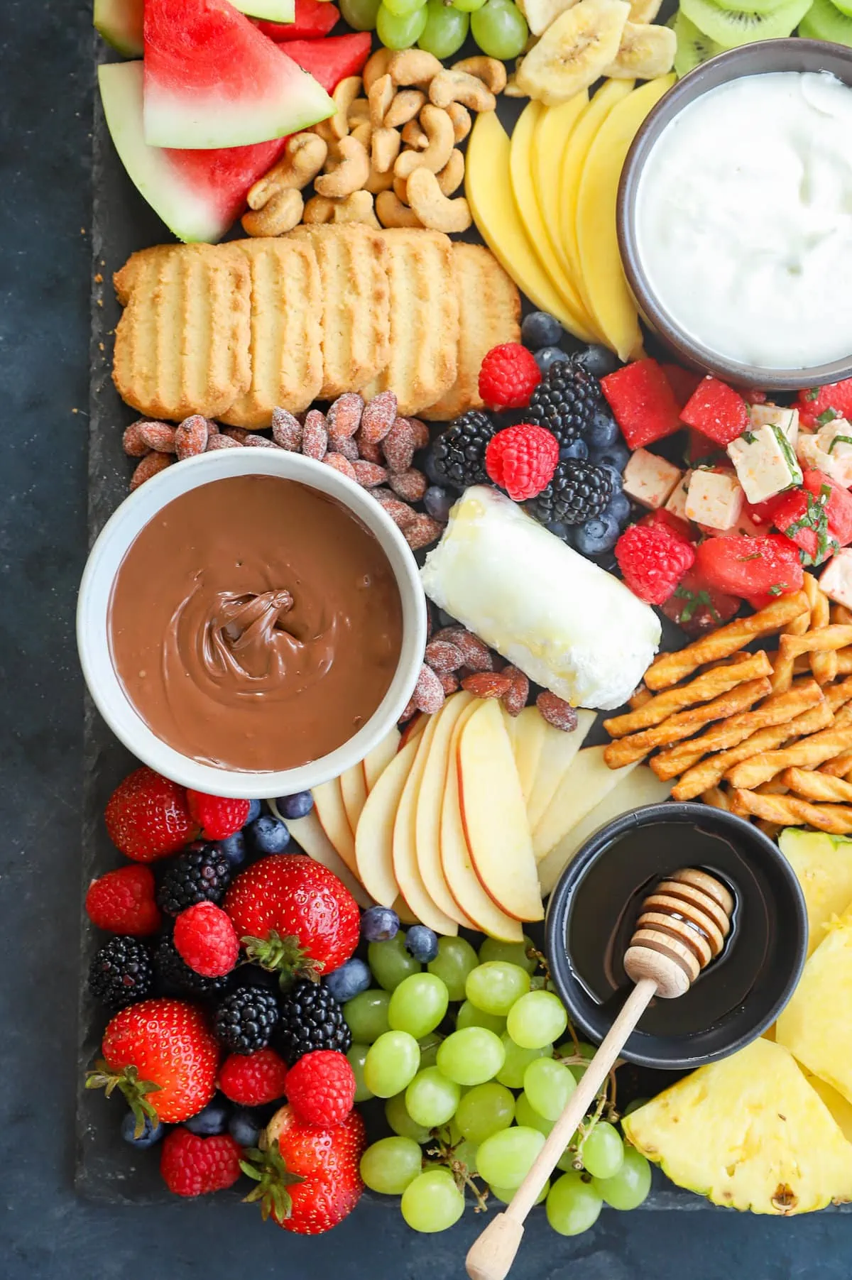 Overhead image of fruit charcuterie board