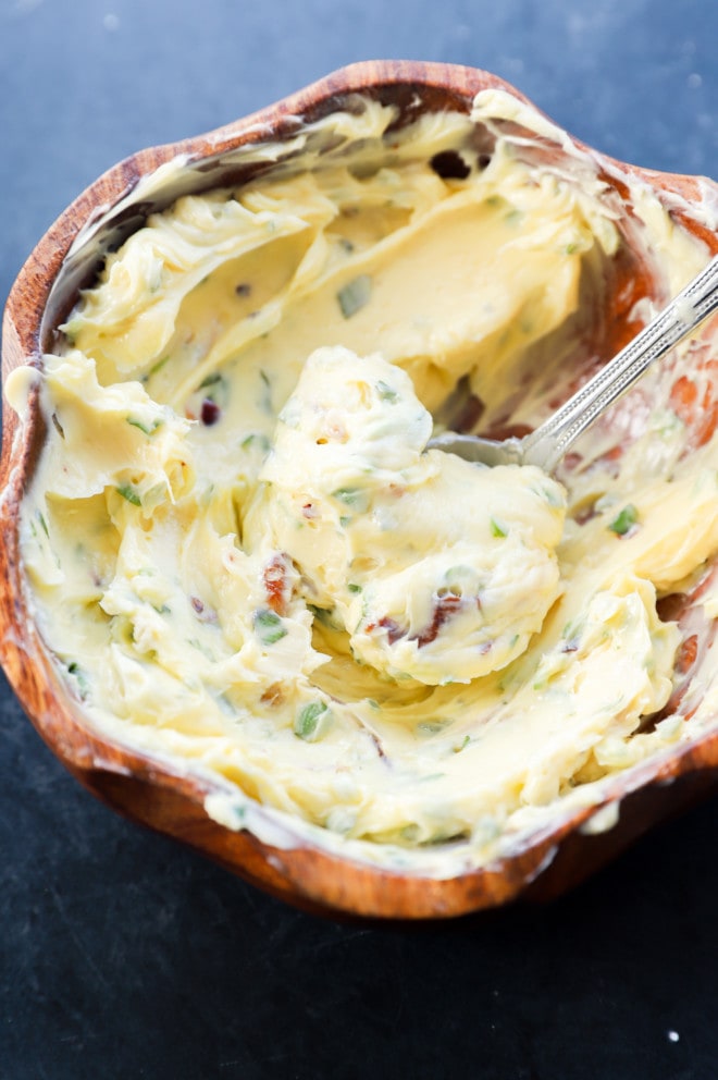 Roasted garlic butter in a bowl