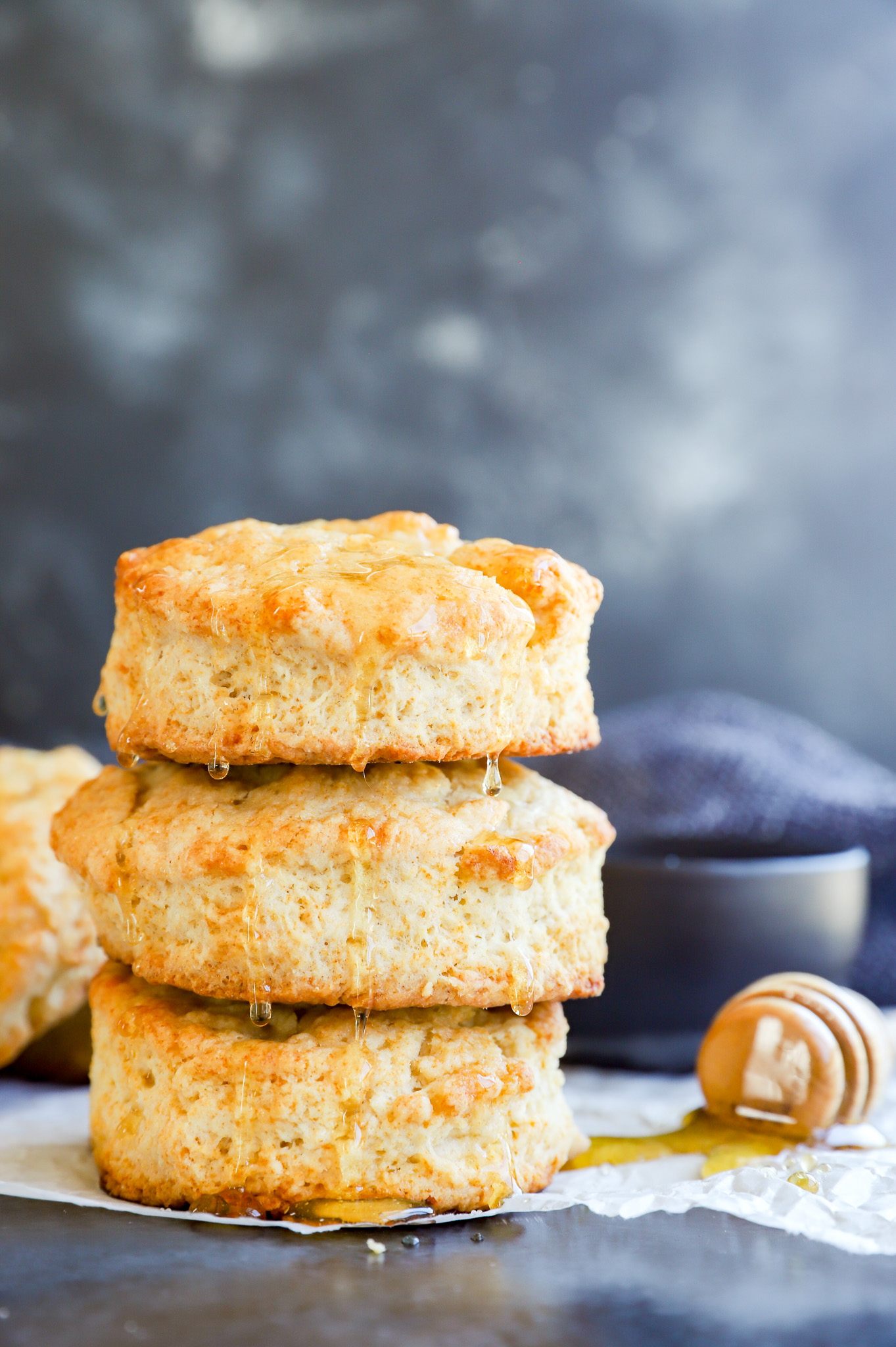 Bread in a stack with honey to the side