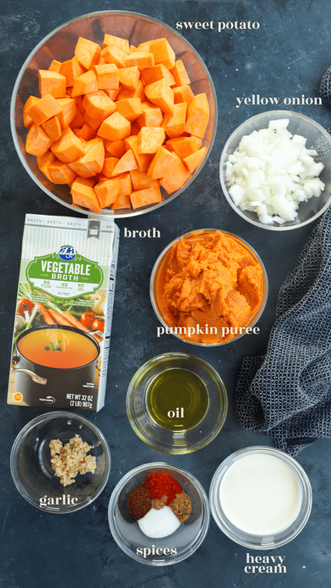 Ingredients for pumpkin and sweet potato soup