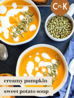 Creamy pumpkin and sweet potato soup pinterest picture
