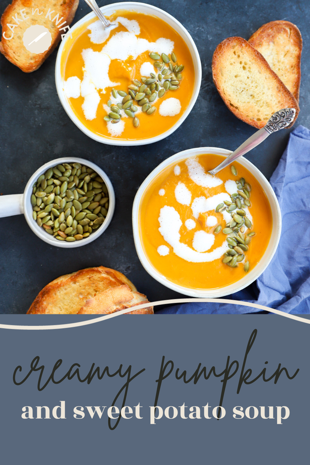 Creamy pumpkin and sweet potato soup pinterest graphic