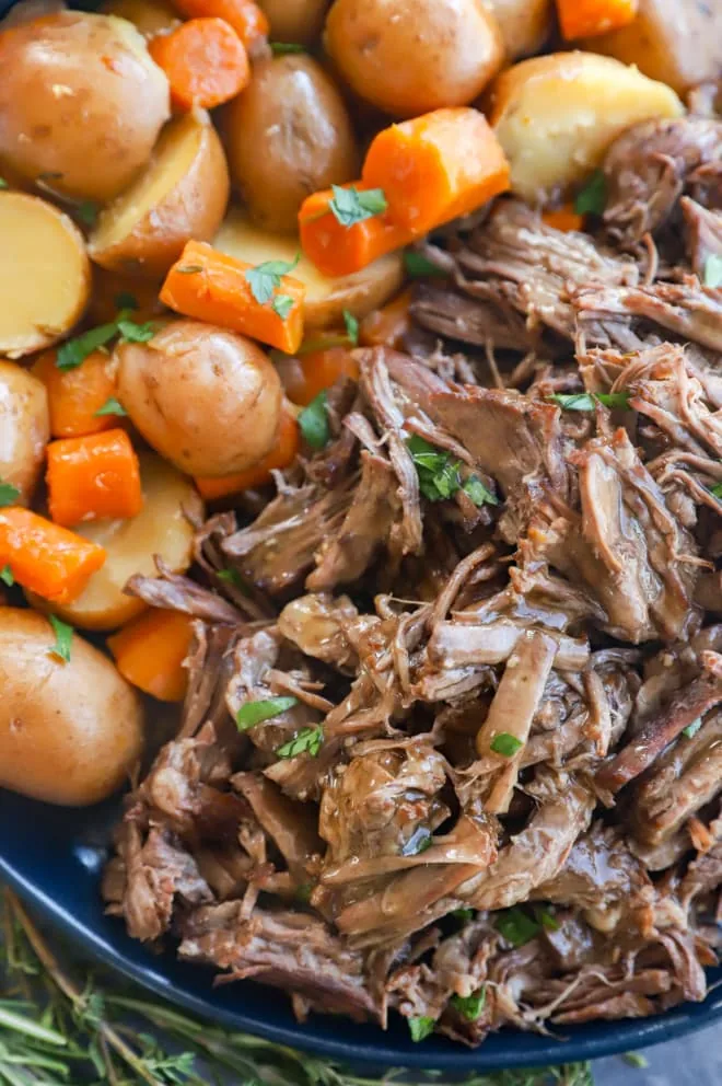 Instant Pot Roast Beef on a plate with vegetables