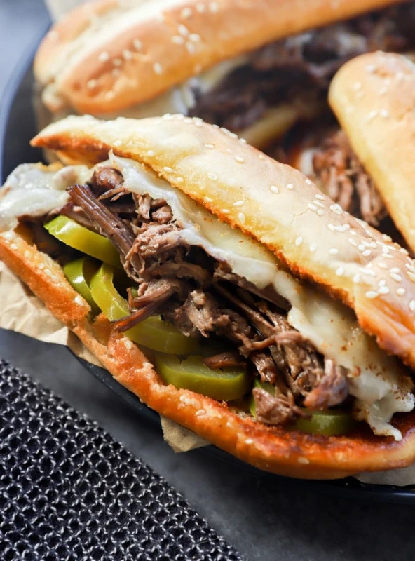 Image of a beef sandwich with hot peppers and cheese