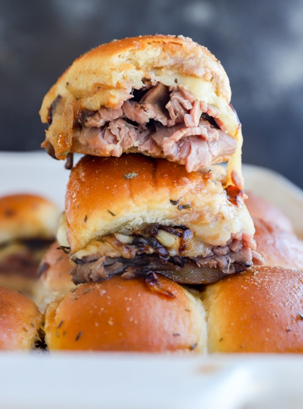 roast beef sliders on top of a baking dish