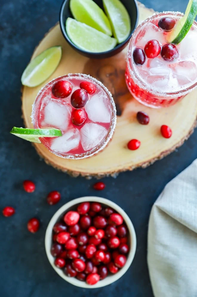 overhead image of cranberry margaritas