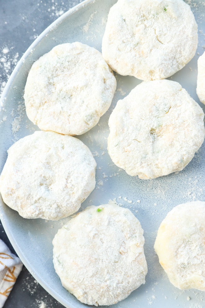 Mashed potatoes formed into patties before frying