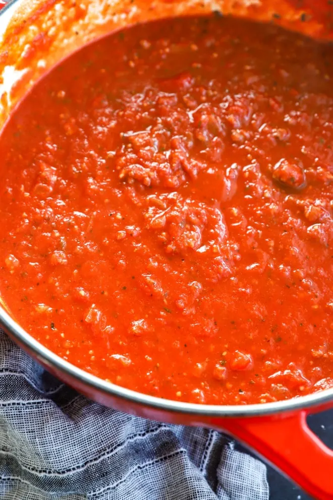 Homemade marinara sauce in a large pot