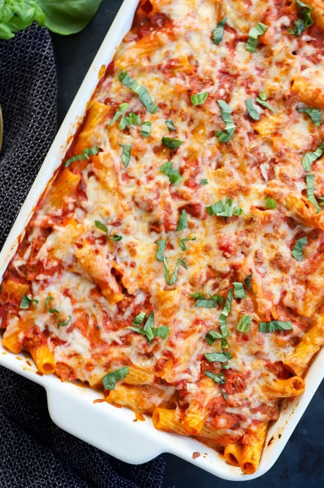 Image of rigatoni al forno in baking dish