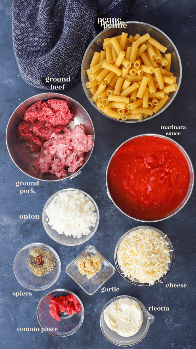 Rigatoni al forno ingredients with text notes