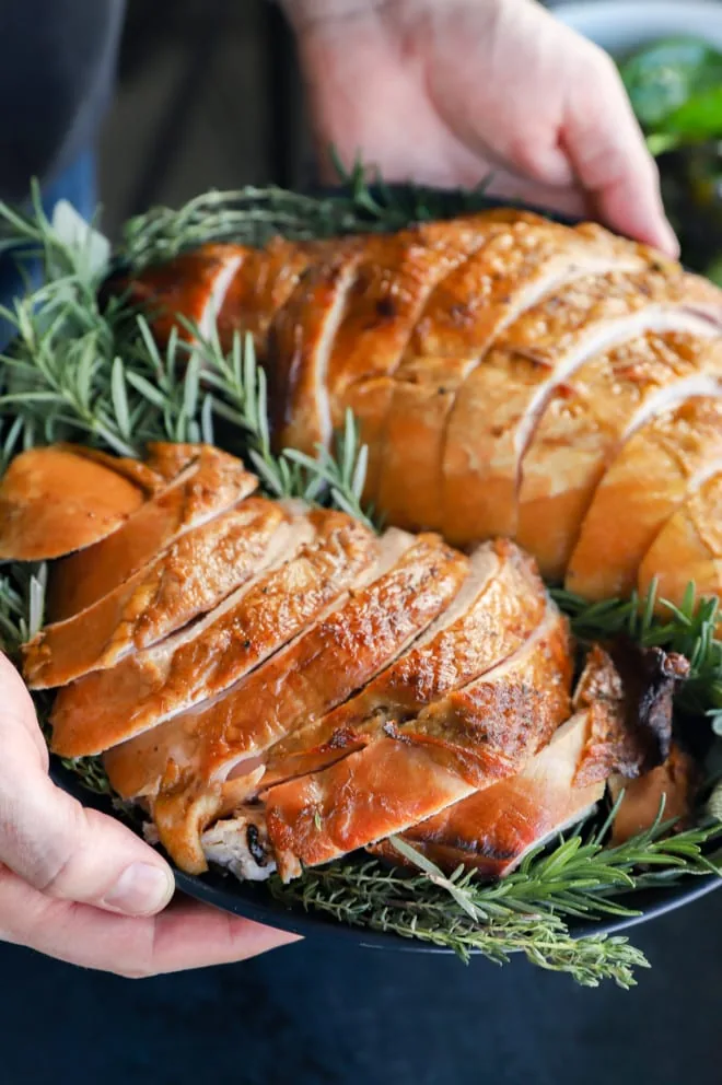 Hands holding a plate of sliced meat for a holiday meal