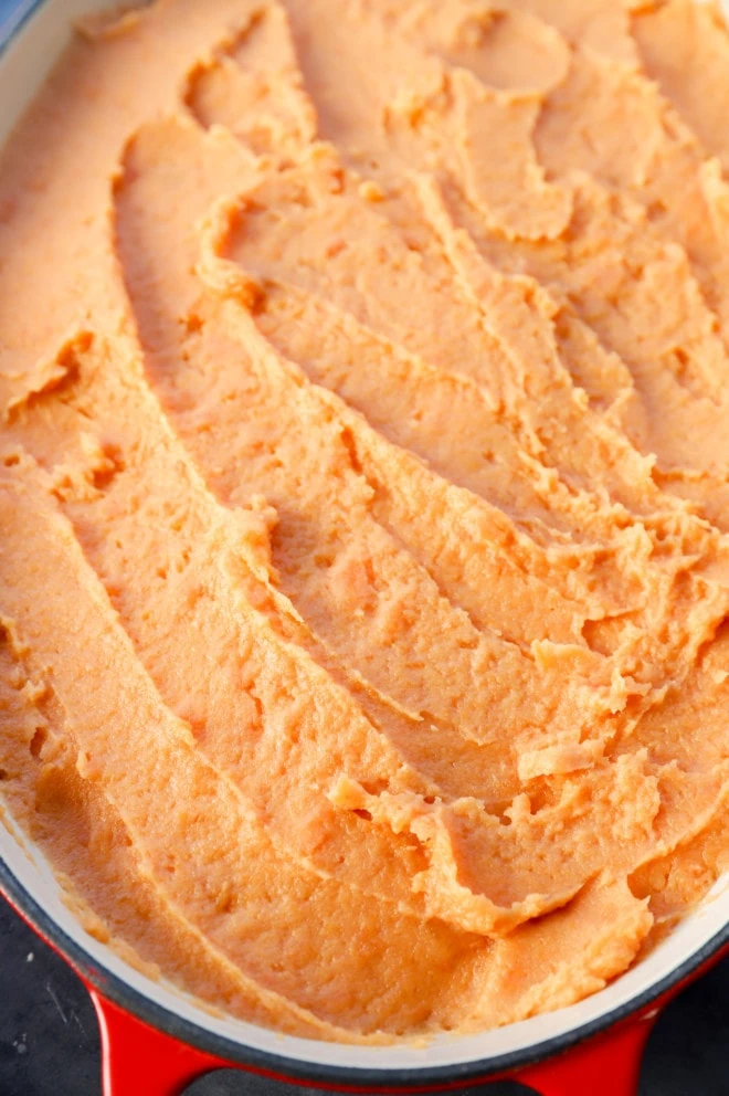 whipped sweet potato filling spread even in baking dish