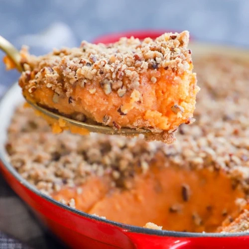 sweet potato souffle on a spoon
