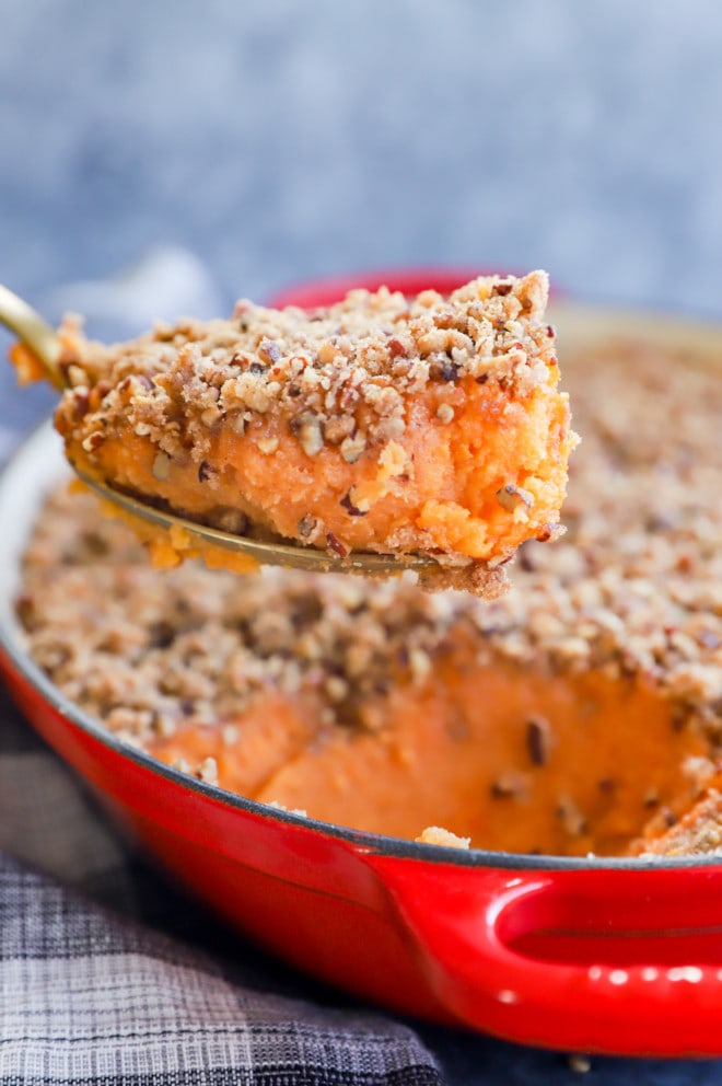 sweet potato souffle on a spoon