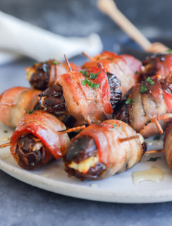 Easy appetizer for a party with pork, fruit, and cheese