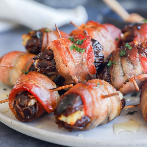 Easy appetizer for a party with pork, fruit, and cheese