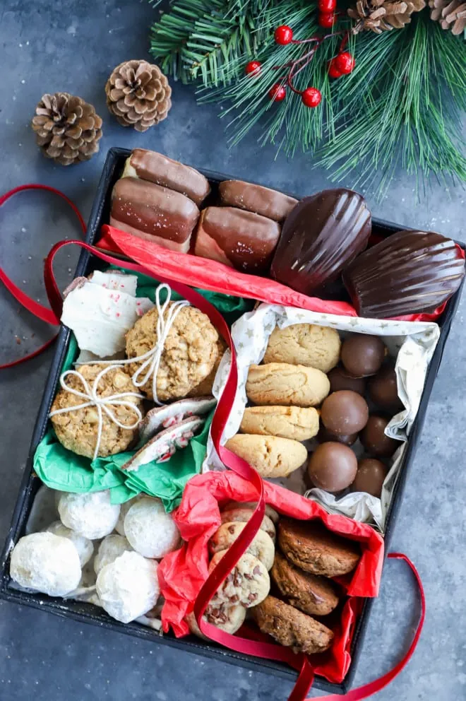 Overhead image of a bunch of holiday treats wrapped up