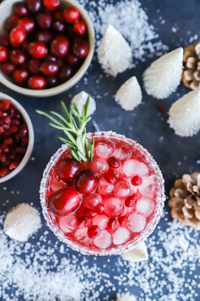 Christmas margarita in a glass filled with ice