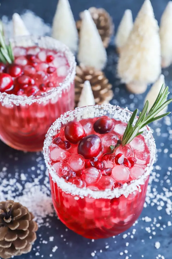 Christmas margaritas with snow and bottle brush trees