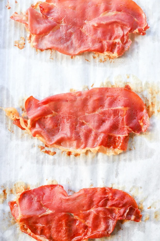 crispy prosciutto on a baking sheet