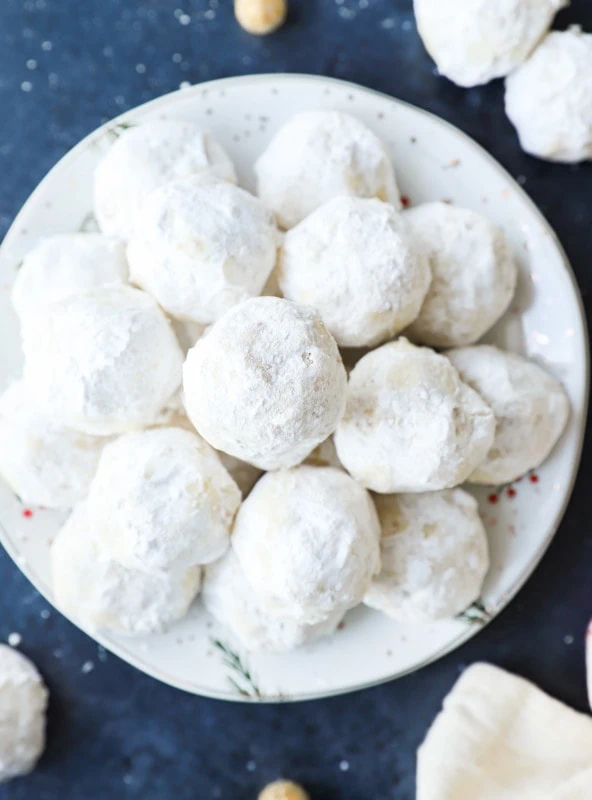 Plate of Mexican wedding cookies on a tray