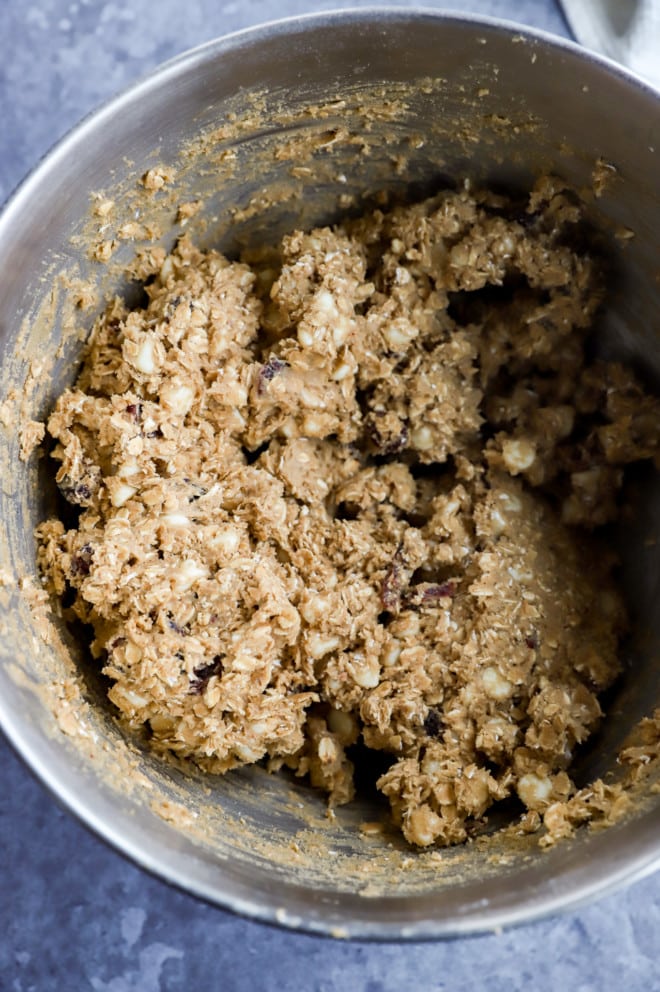 cookie dough in a large bowl for a stand mixer