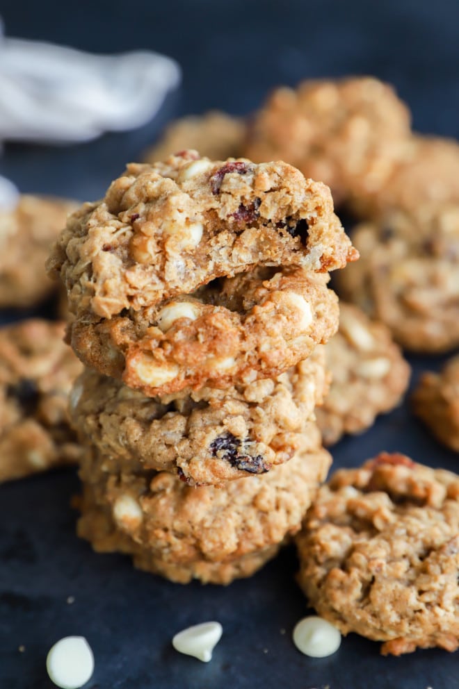 Stack of cookies with chips and cranberries