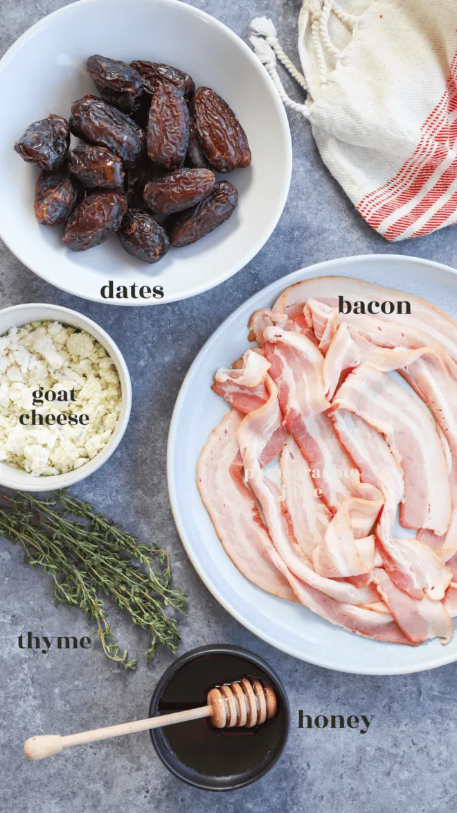 Stuffed bacon wrapped dates ingredients labeled with text