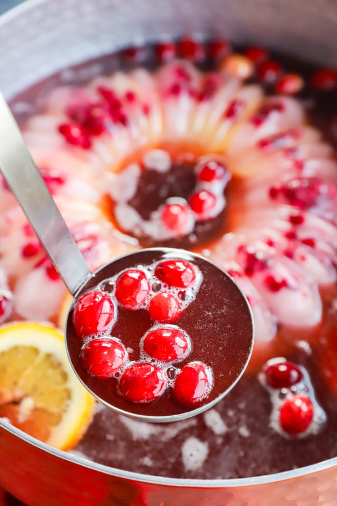 ladle of christmas punch with fresh cranberries