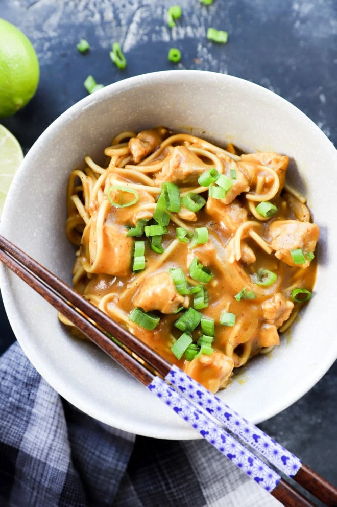 Japanese noodles in a bowl with creamy sauce