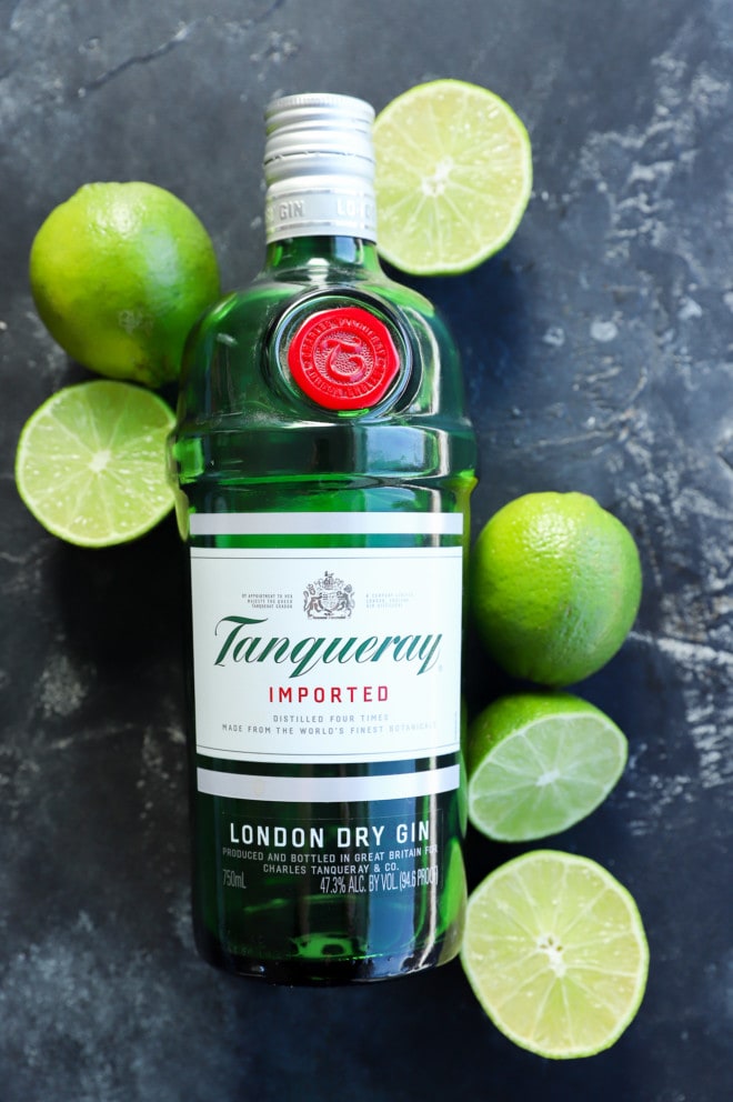 london dry gin tanquarey bottle with limes