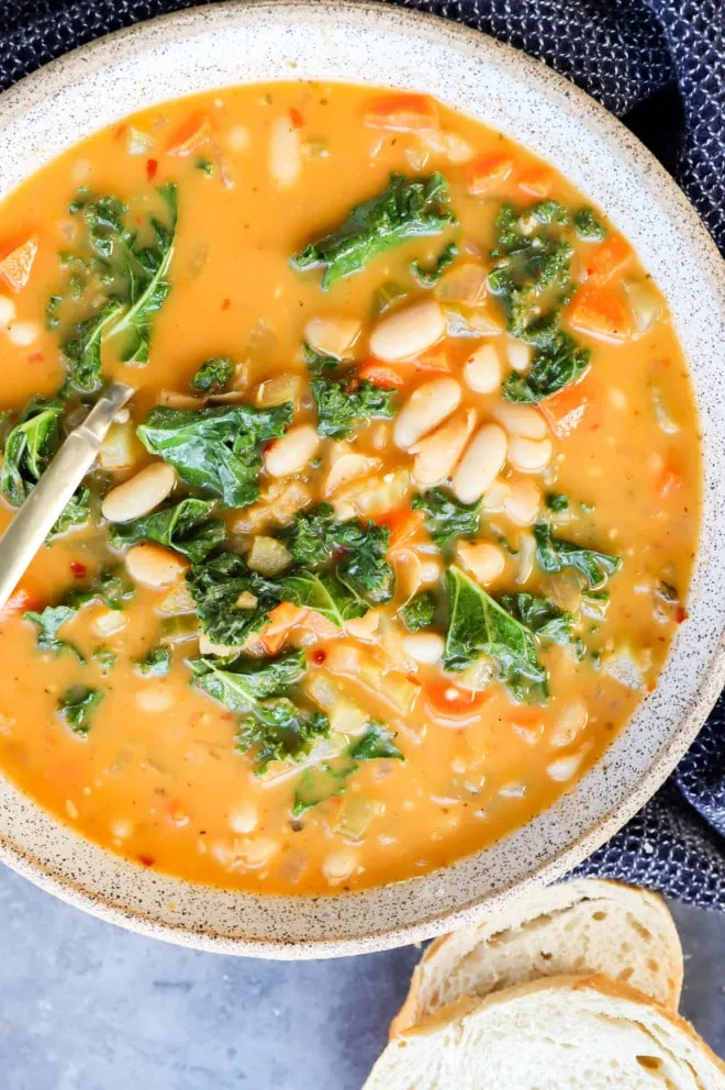 Overhead image of tuscan white bean soup