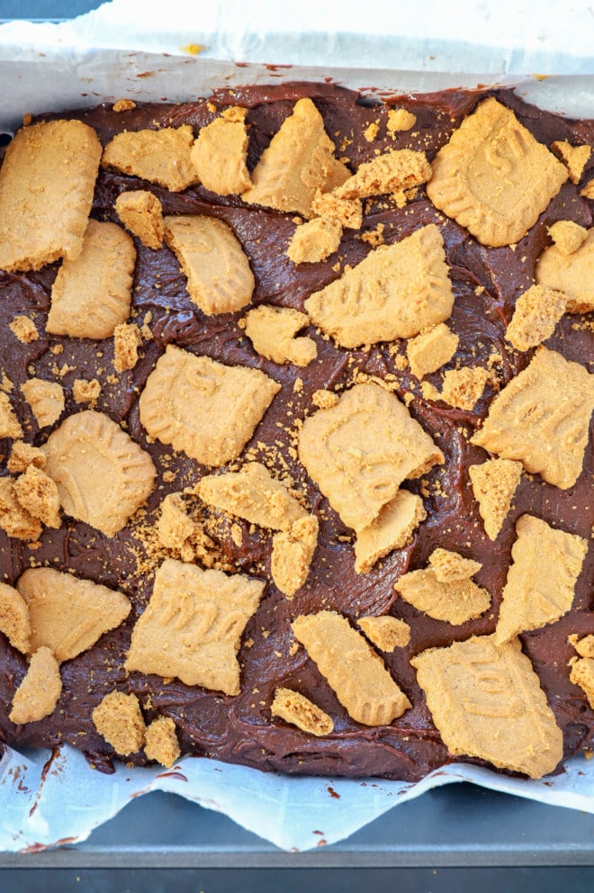 biscoff brownies before baking in the oven