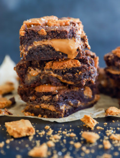 Cookie butter brownies in a stack