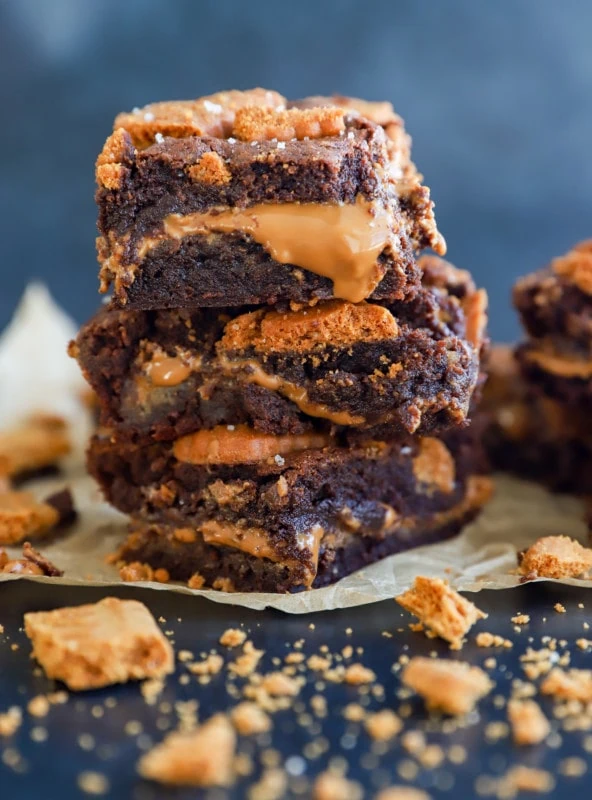 Cookie butter brownies in a stack