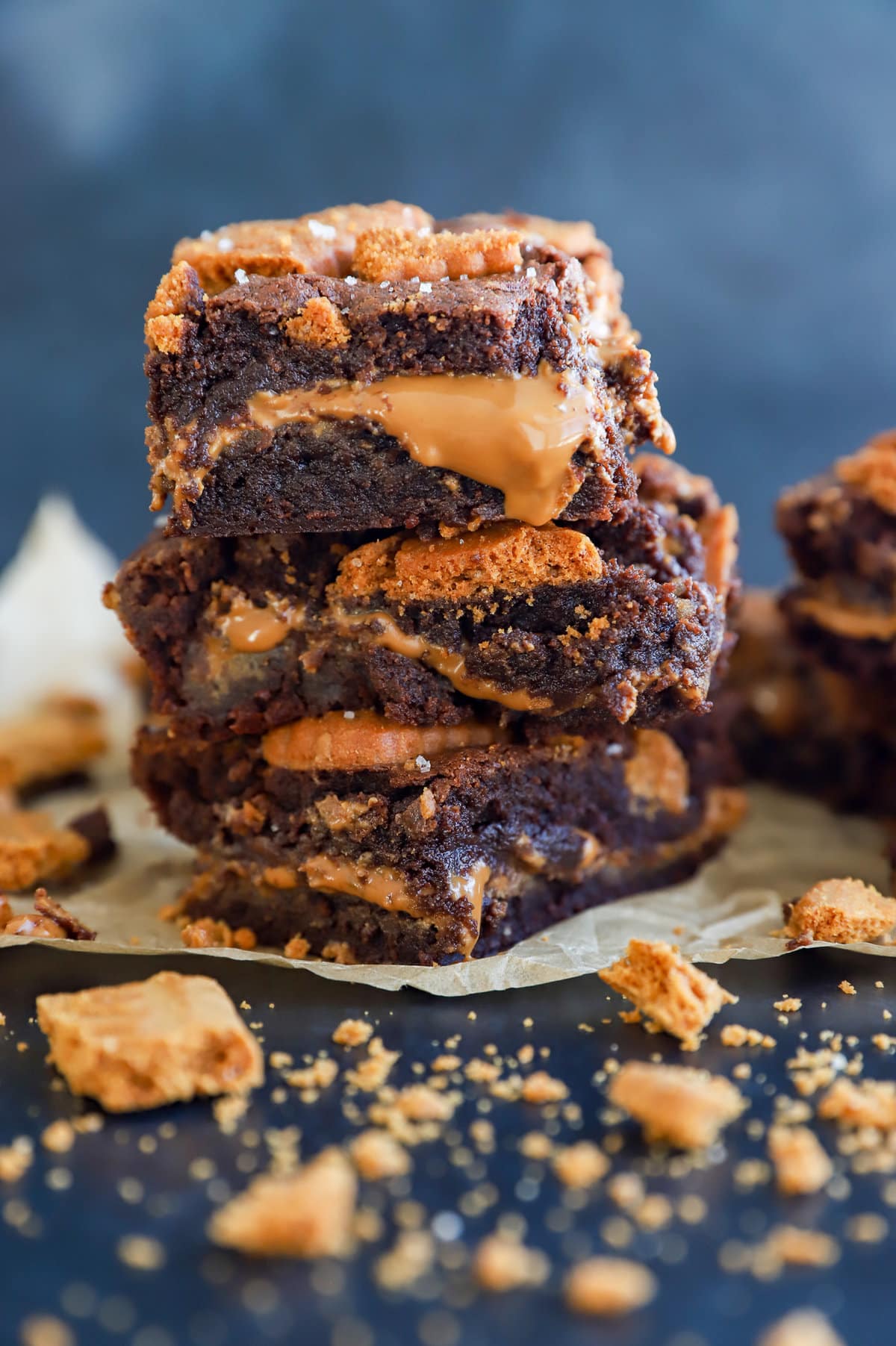 Cookie butter brownies in a stack