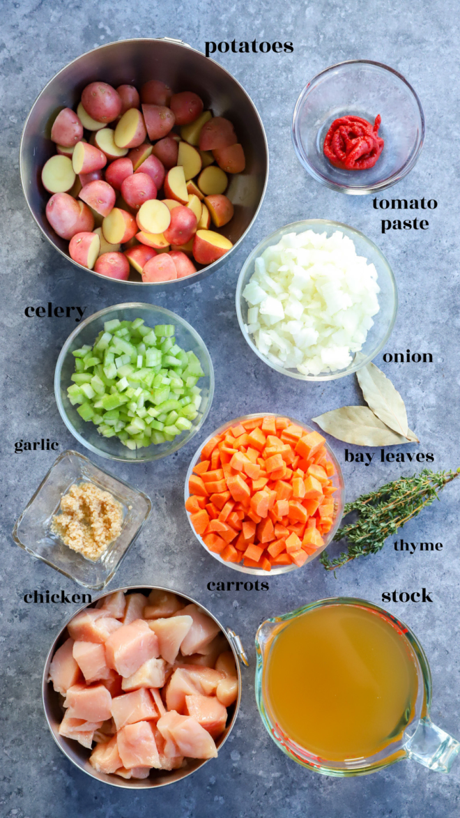 Instant Pot Chicken Stew ingredients with text