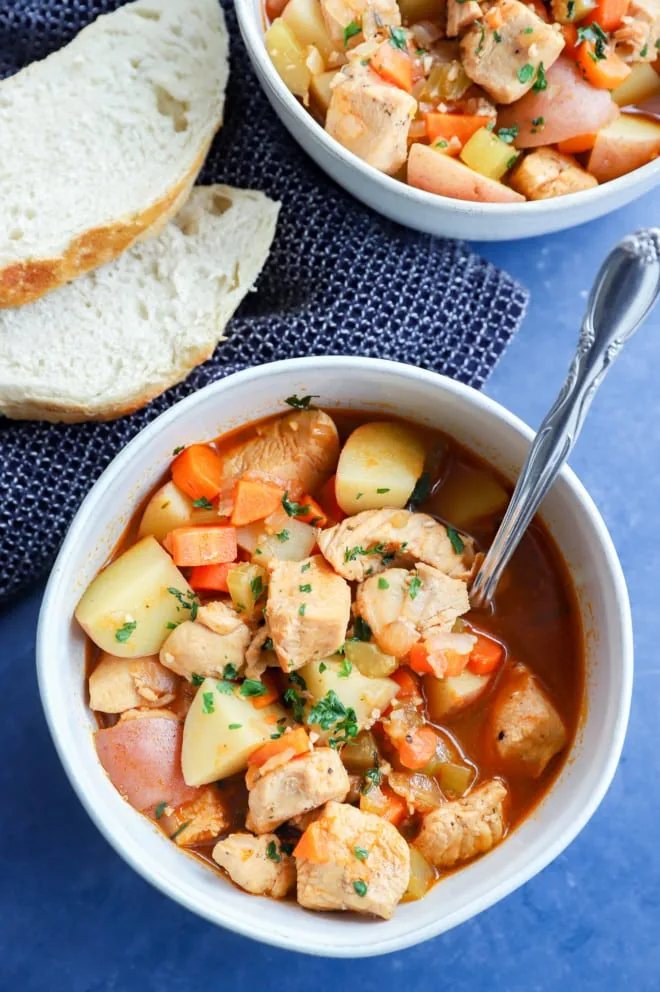 bowl of hearty vegetable and protein stew made in the pressure cooker