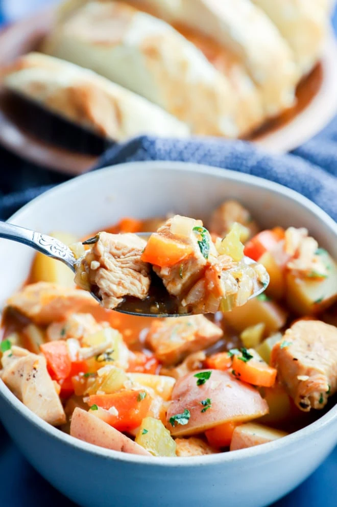 Spoonful of chicken stew made in the instant pot
