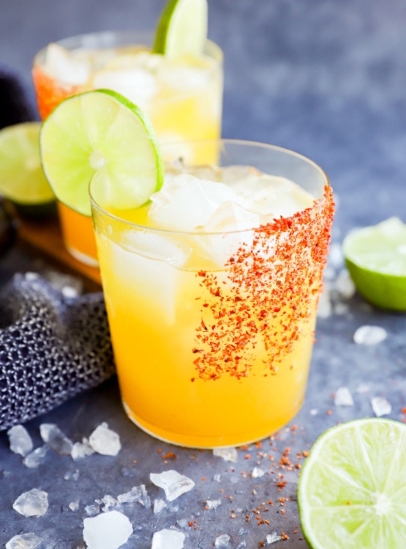 Passion fruit margaritas in rocks glasses