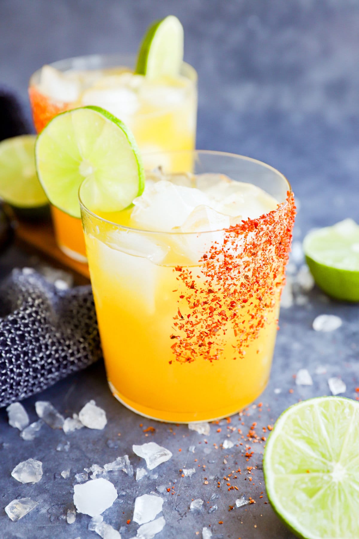 Passion fruit margaritas in rocks glasses