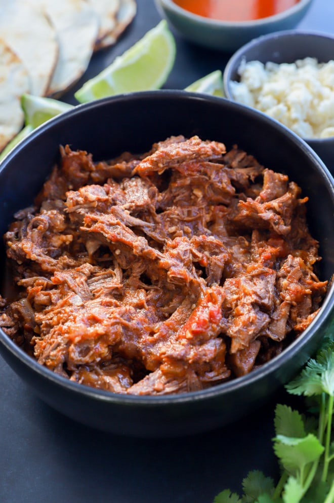bowl of slow cooked Mexican meat with toppings