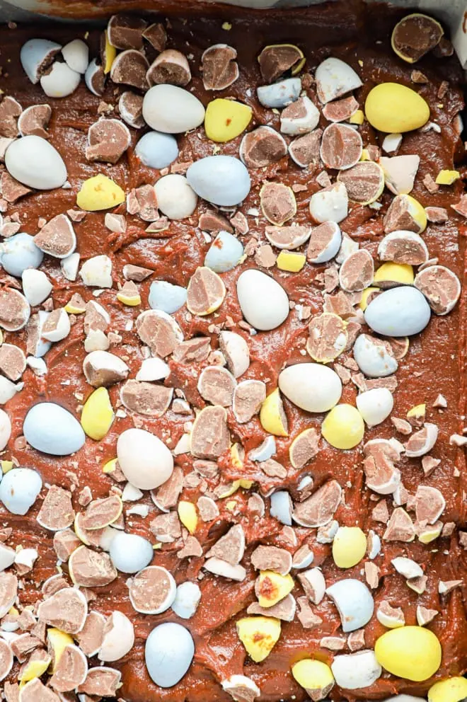 raw easter brownie batter in pan