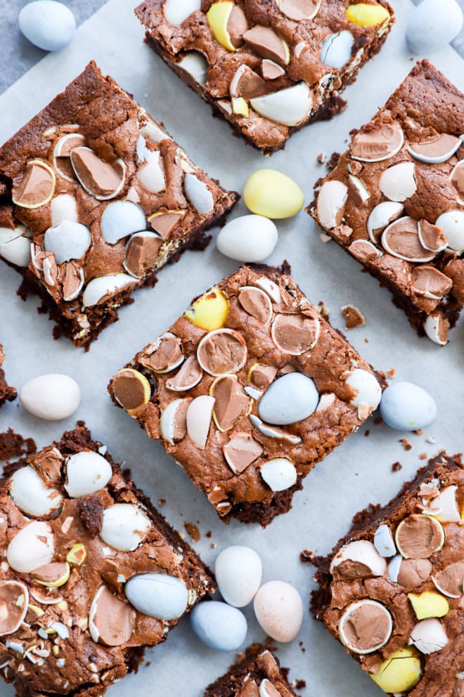 mini eggs on top of chocolate baked treats